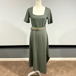 Club Monaco Green Square Neck Midi Dress Asymmetric Short Sleeve Knit Sz M NWT